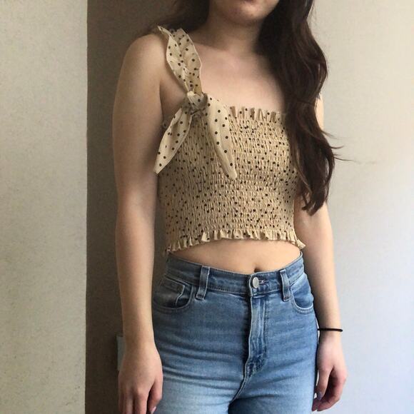 Polka dot ruffle smocked self tie crop sleeveless tank top blouse S - Picture 2 of 4
